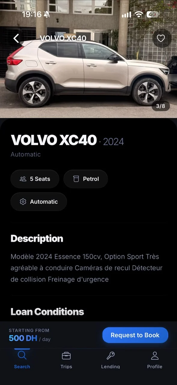 Application KeyLend — fiche d'un véhicule proposé par un particulier à Casablanca